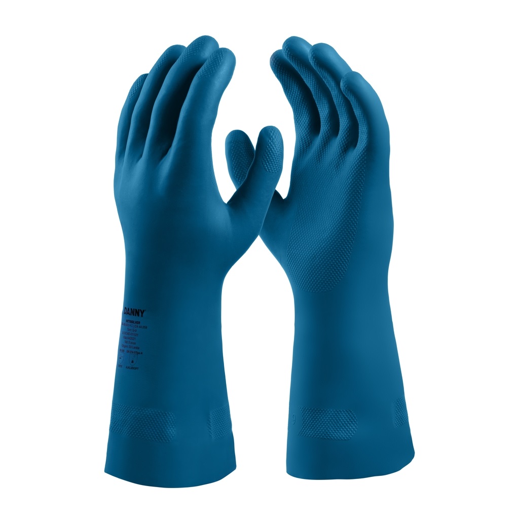 NITRISILVER AZUL: Luva nitrílica confeccionada em borracha nitrílica, interior em verniz silver, antiderrapante na palma, face palmar dos dedos e ponta dos dedos e possui punho reto.